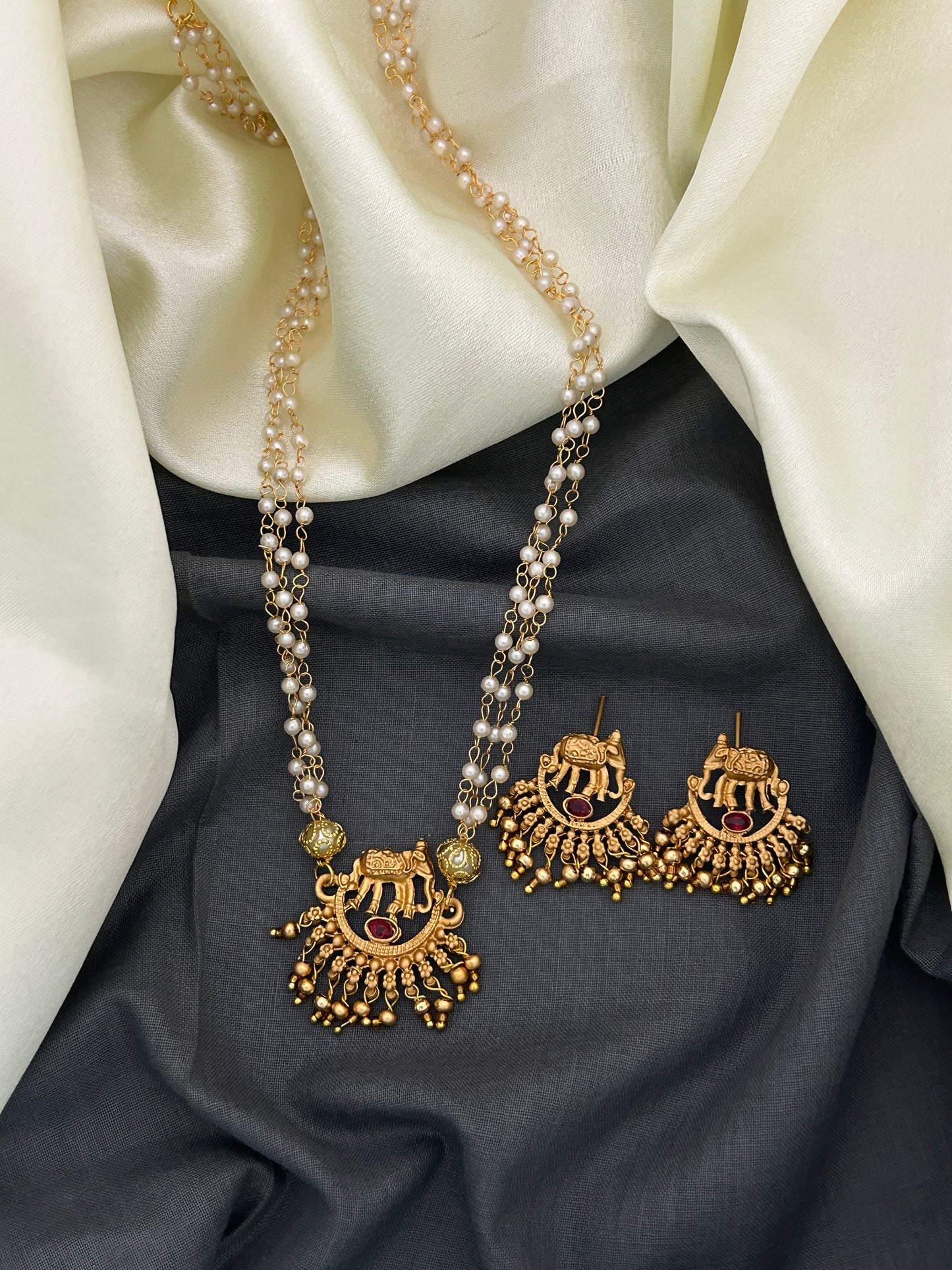 Elephant Motif Long Pearl Mala Set with Antique Finish – Jewellery set