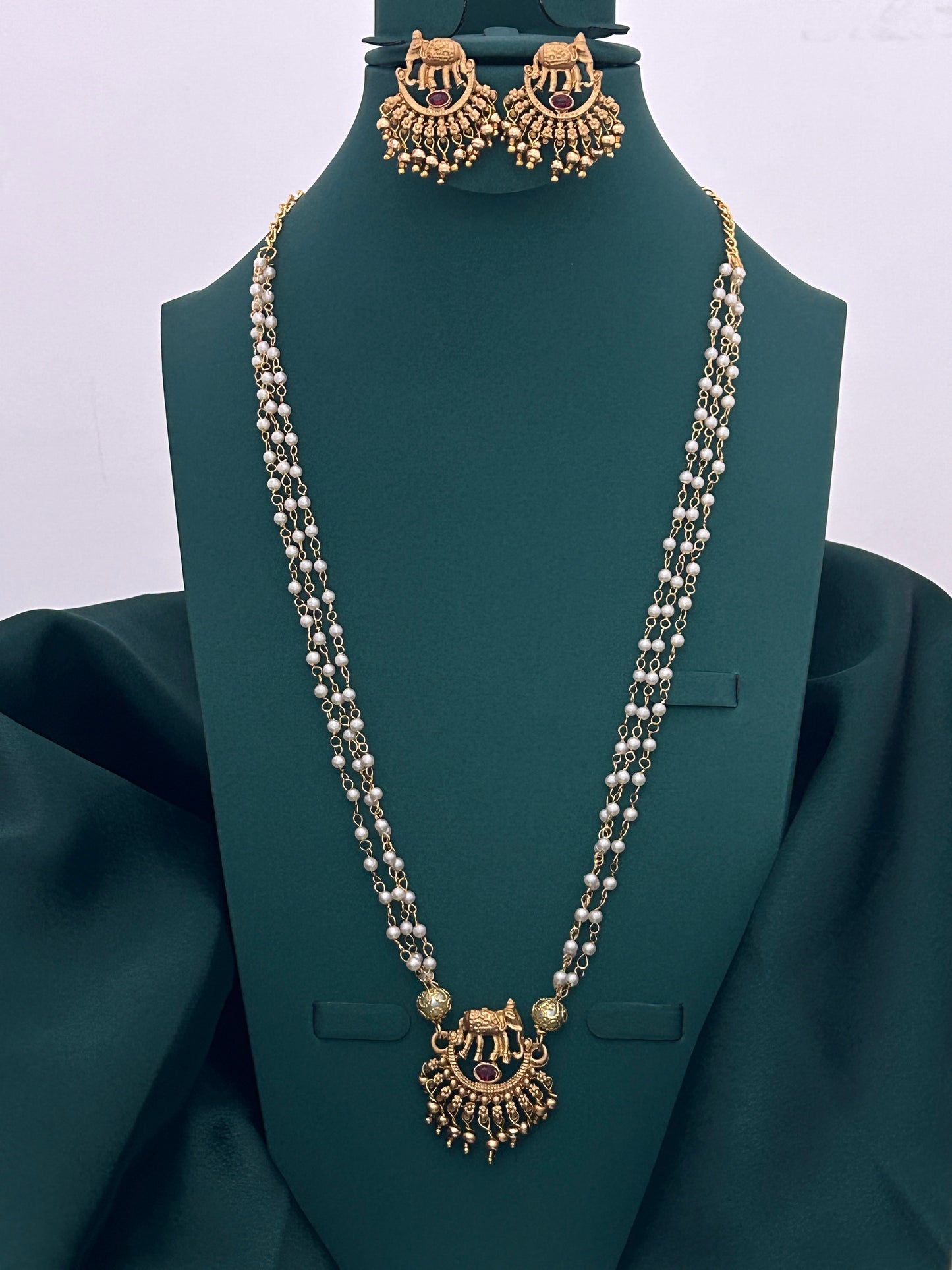 Elephant Motif Long Pearl Mala Set with Antique Finish – Jewellery set
