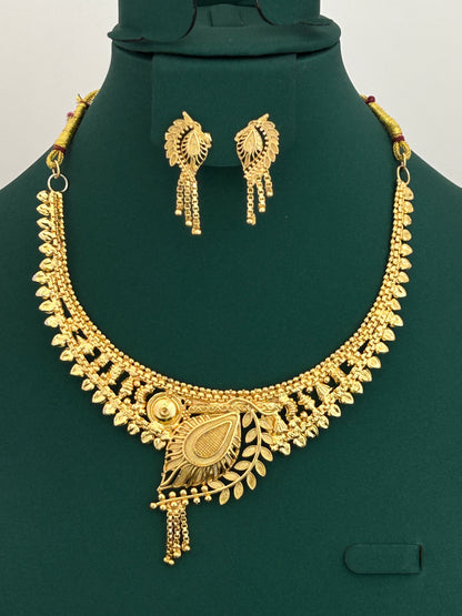 Paisley Motif Gold Plated Necklace Set with Leafy Accents and Festive Danglers